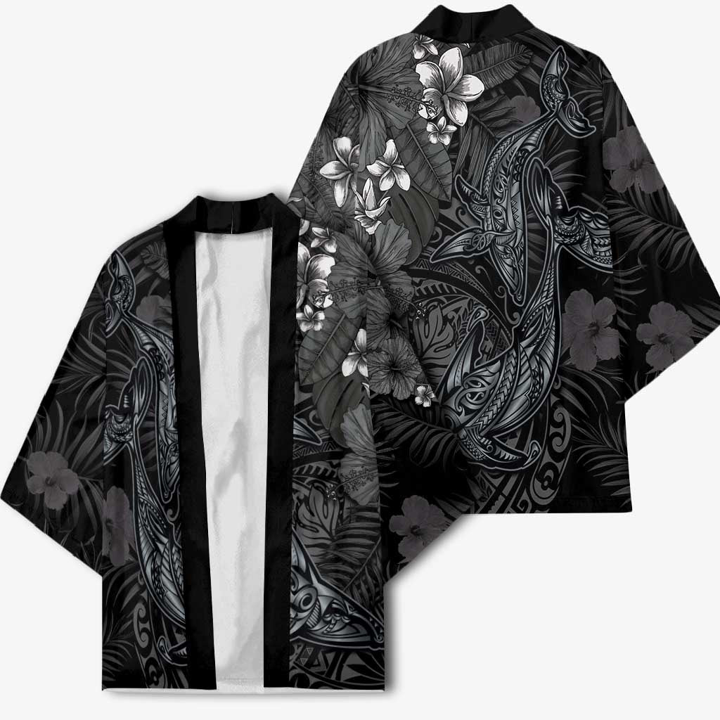 Hawaiian Tropical Plants and Tribal Whales Kimono Polynesian Art Tattoo Grayscale LT03 - Polynesian Pride
