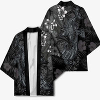 Hawaiian Tropical Plants and Tribal Whales Kimono Polynesian Art Tattoo Grayscale LT03 - Polynesian Pride