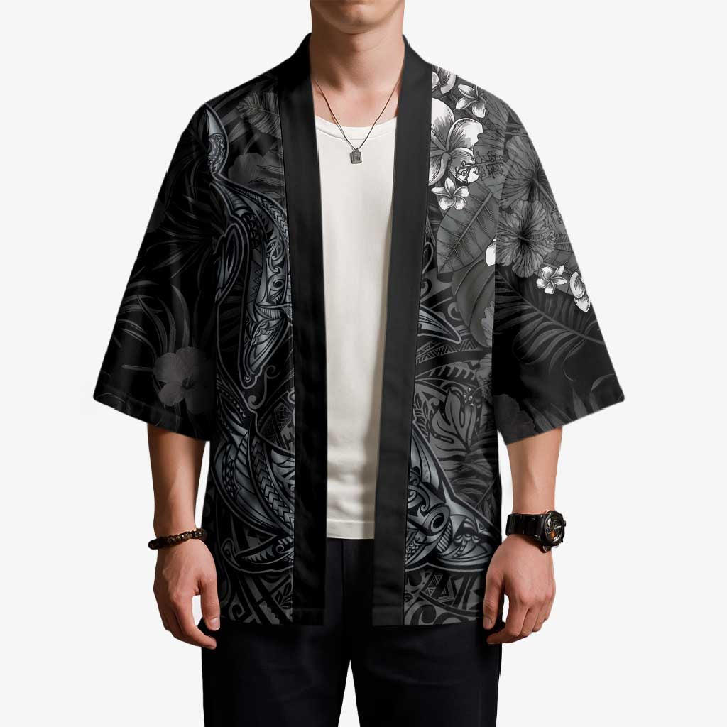 Hawaiian Tropical Plants and Tribal Whales Kimono Polynesian Art Tattoo Grayscale LT03 - Polynesian Pride