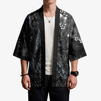 Hawaiian Tropical Plants and Tribal Whales Kimono Polynesian Art Tattoo Grayscale LT03 - Polynesian Pride