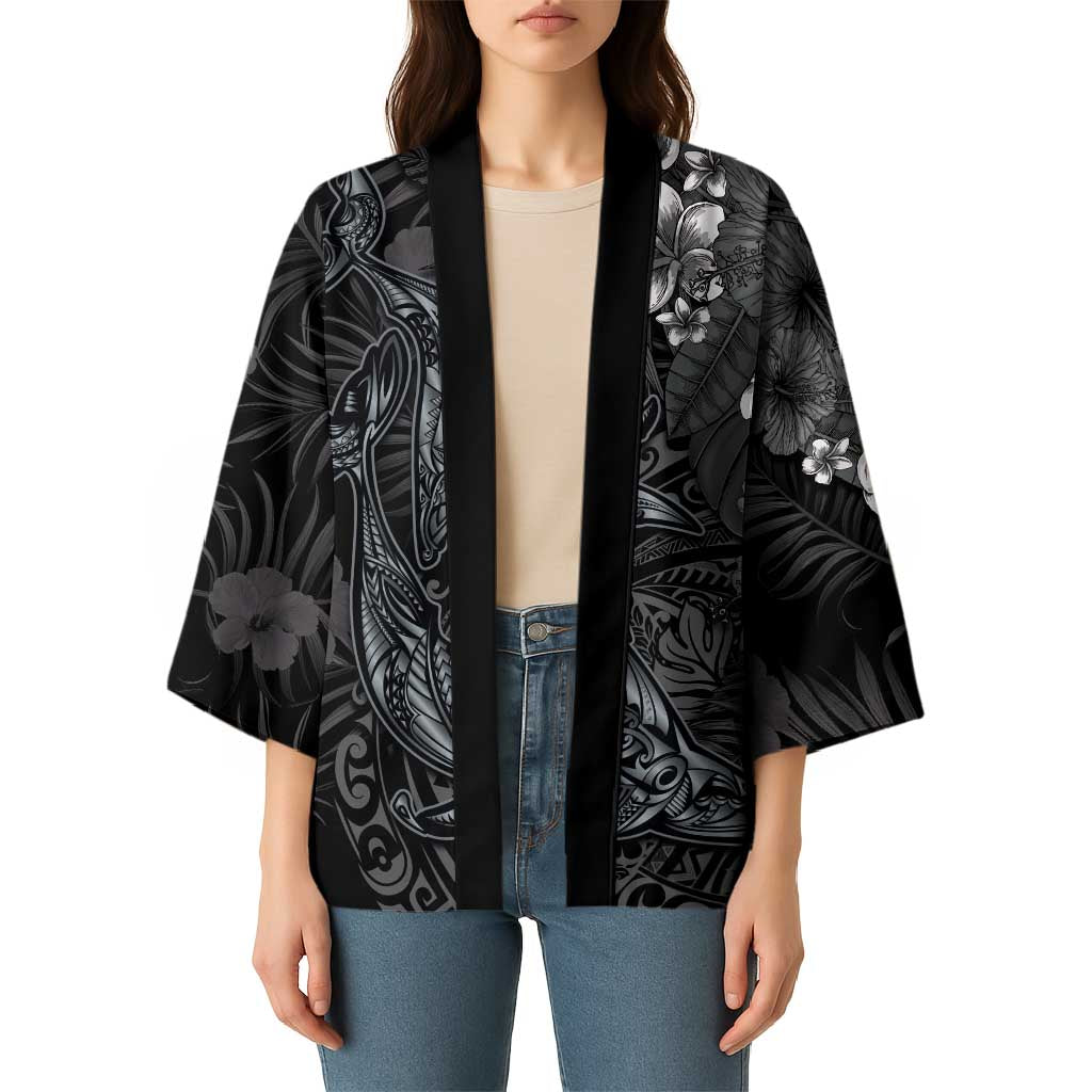 Hawaiian Tropical Plants and Tribal Whales Kimono Polynesian Art Tattoo Grayscale LT03 - Polynesian Pride