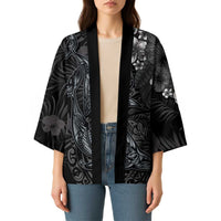 Hawaiian Tropical Plants and Tribal Whales Kimono Polynesian Art Tattoo Grayscale LT03 - Polynesian Pride