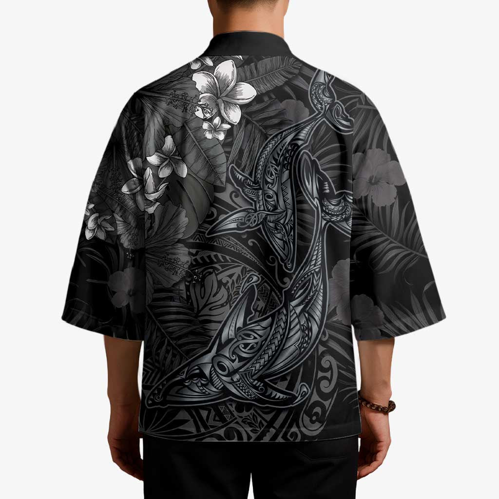 Hawaiian Tropical Plants and Tribal Whales Kimono Polynesian Art Tattoo Grayscale LT03 - Polynesian Pride