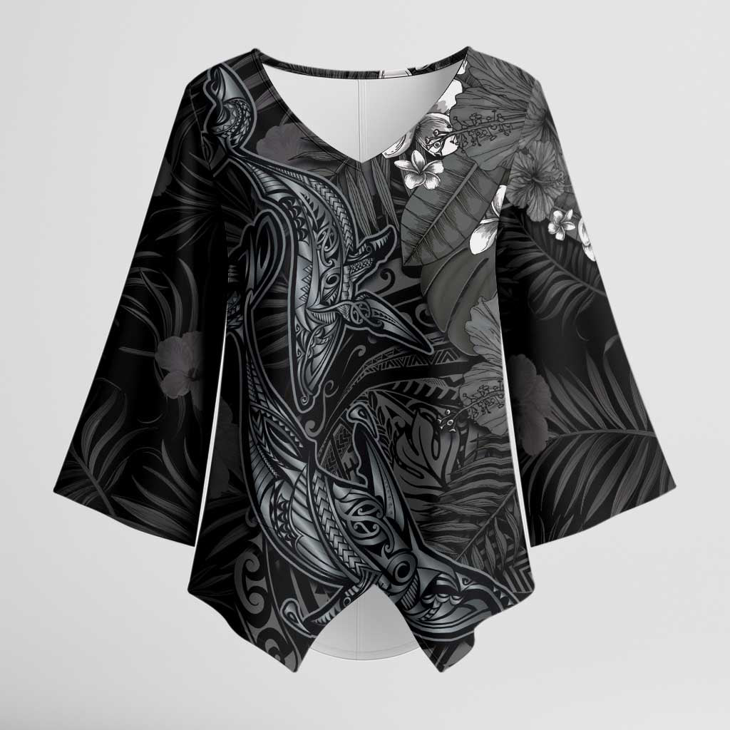 Hawaiian Tropical Plants and Tribal Whales Kimono Sleeve Blouse Polynesian Art Tattoo Grayscale LT03 Female Black - Polynesian Pride