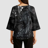 Hawaiian Tropical Plants and Tribal Whales Kimono Sleeve Blouse Polynesian Art Tattoo Grayscale LT03 - Polynesian Pride