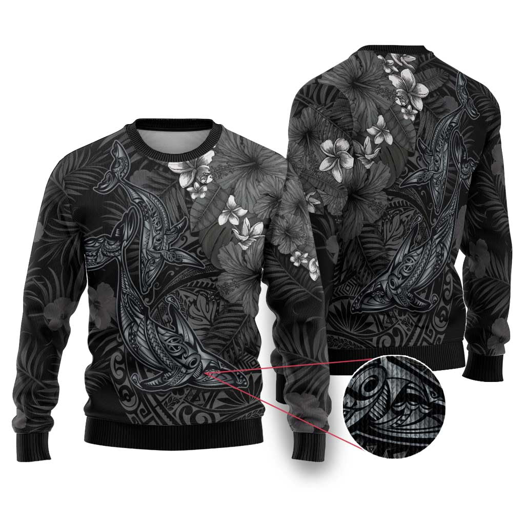 Hawaiian Tropical Plants and Tribal Whales Ugly Christmas Sweater Polynesian Art Tattoo Grayscale LT03 Black - Polynesian Pride
