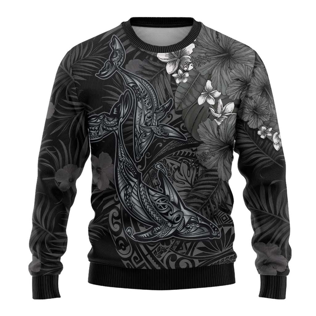 Hawaiian Tropical Plants and Tribal Whales Ugly Christmas Sweater Polynesian Art Tattoo Grayscale LT03 - Polynesian Pride