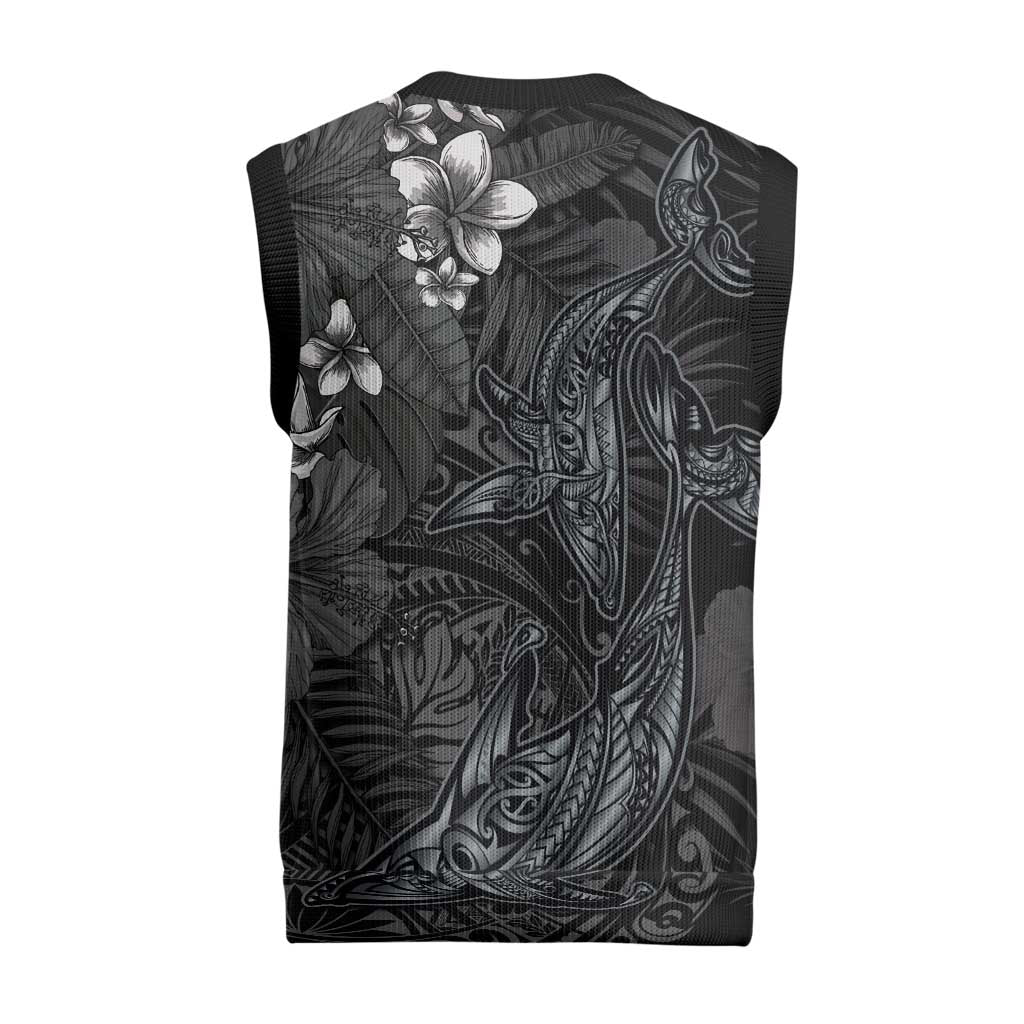 Hawaiian Tropical Plants and Tribal Whales Christmas Knitted V-Neck Vest Polynesian Art Tattoo Grayscale