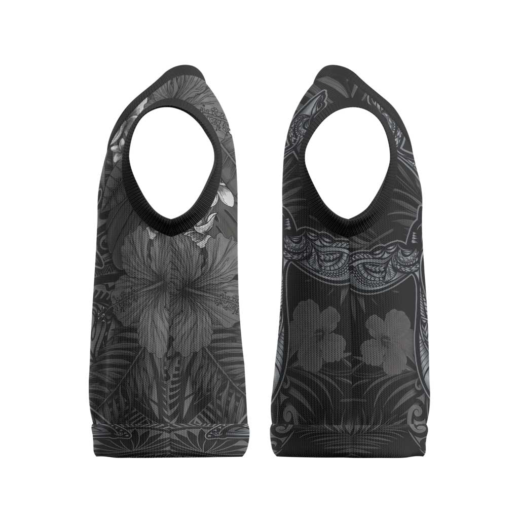 Hawaiian Tropical Plants and Tribal Whales Christmas Knitted V-Neck Vest Polynesian Art Tattoo Grayscale