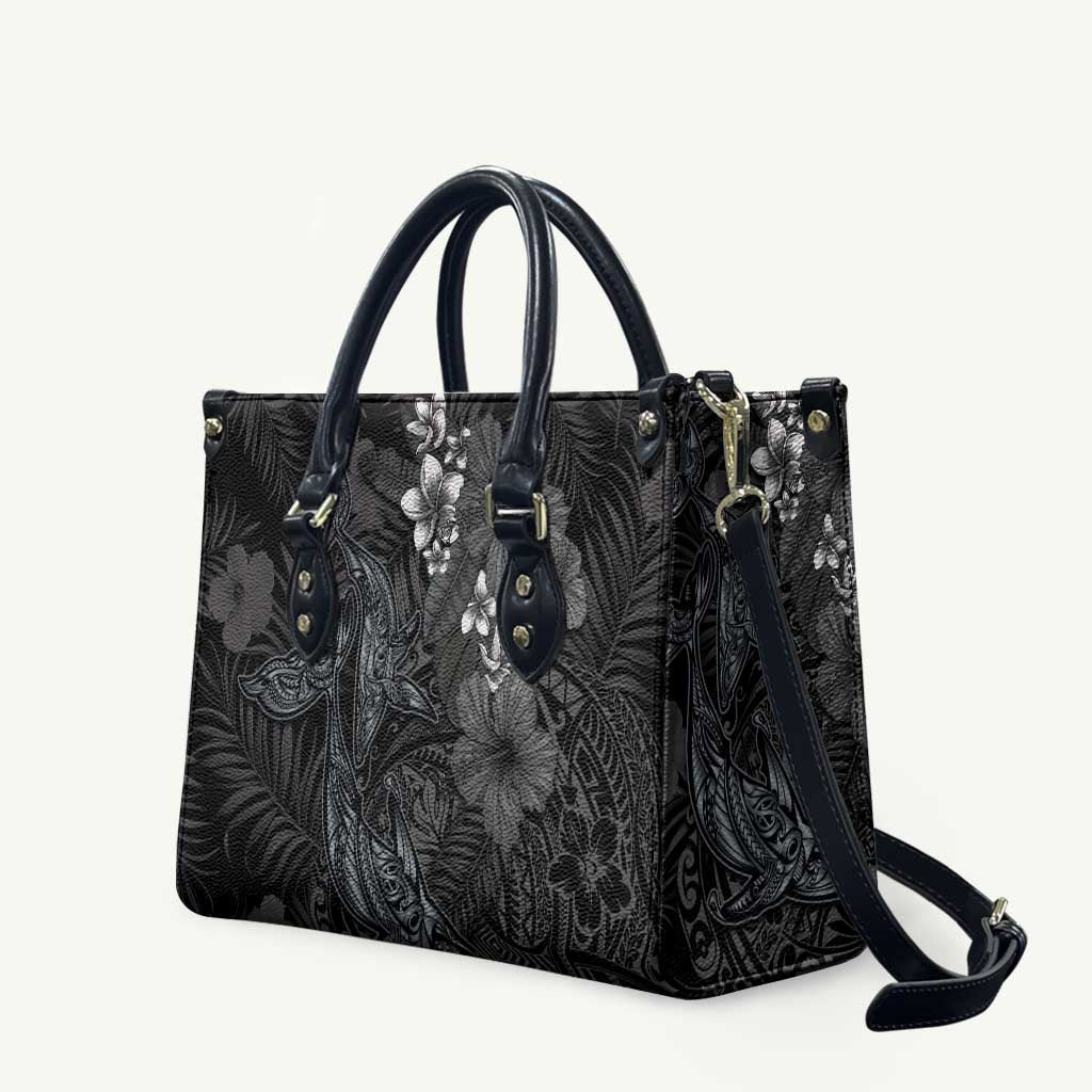 Hawaiian Tropical Plants and Tribal Whales Leather Bag Polynesian Art Tattoo Grayscale LT03 Black - Polynesian Pride