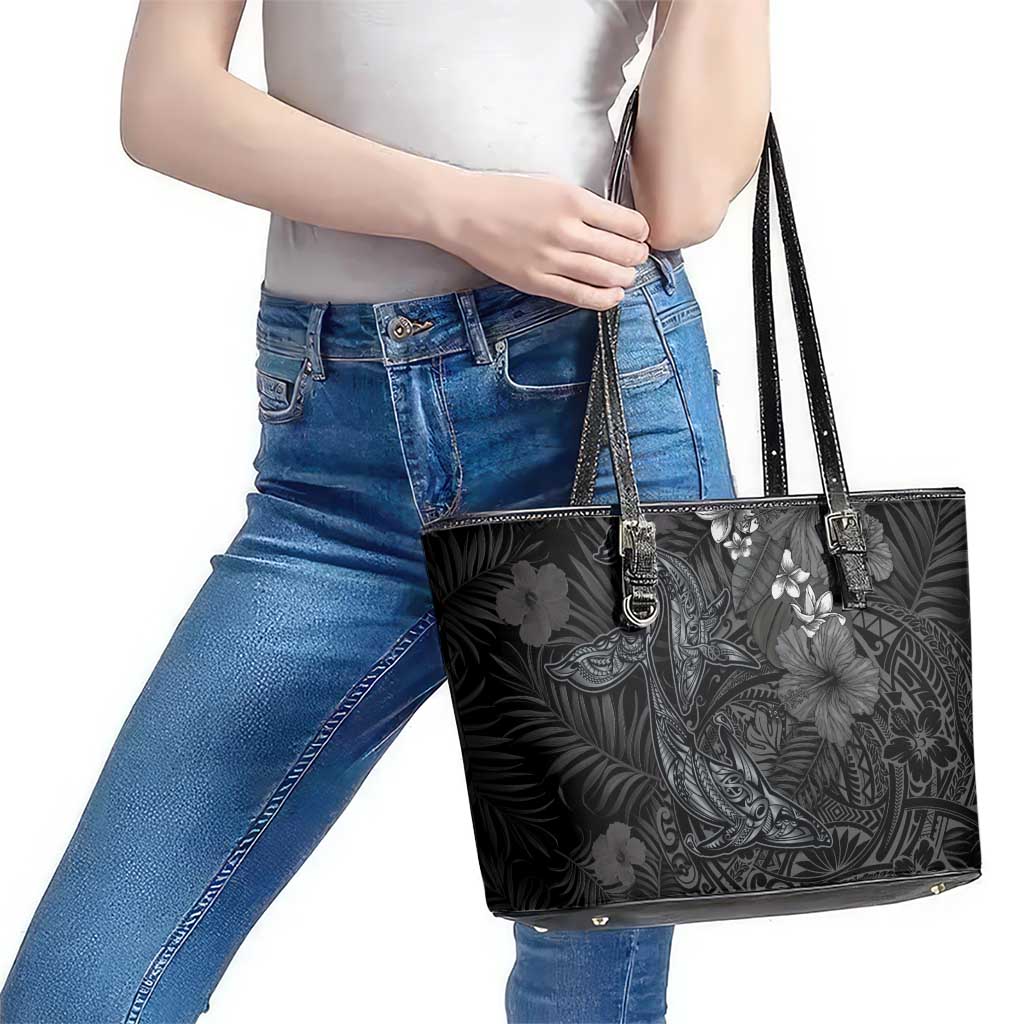 Hawaiian Tropical Plants and Tribal Whales Leather Tote Bag Polynesian Art Tattoo Grayscale LT03 - Polynesian Pride