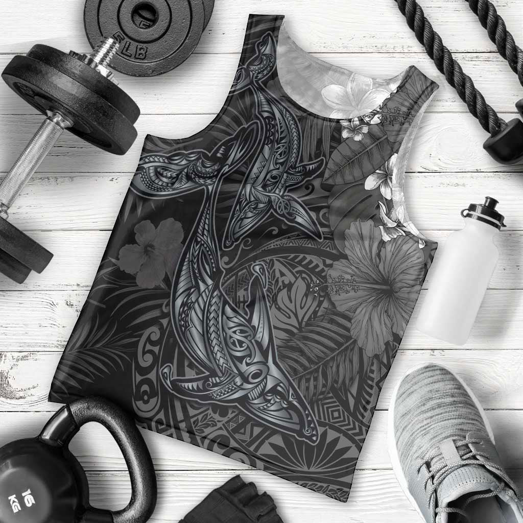 Hawaiian Tropical Plants and Tribal Whales Men Tank Top Polynesian Art Tattoo Grayscale LT03 - Polynesian Pride