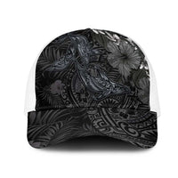 Hawaiian Tropical Plants and Tribal Whales Mesh Trucker Cap Polynesian Art Tattoo Grayscale LT03 One Size White Black - Polynesian Pride
