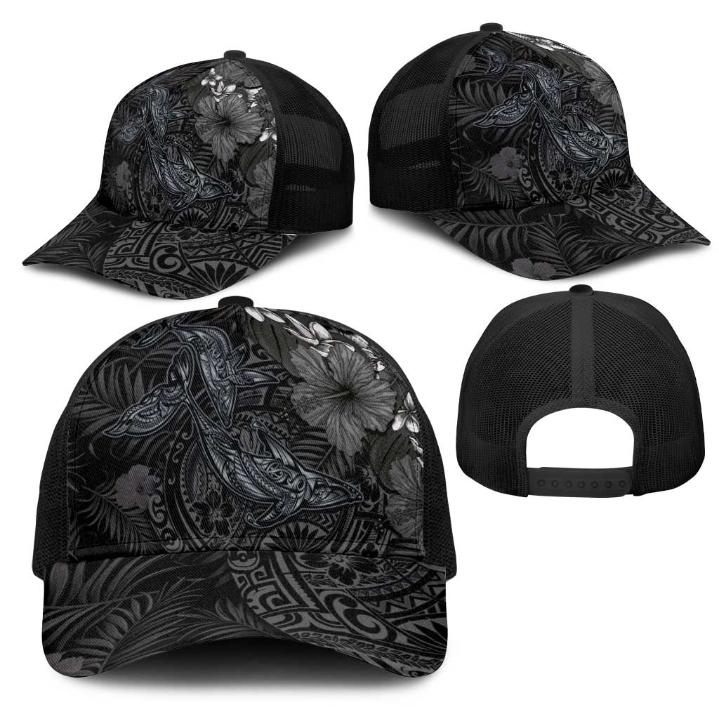 Hawaiian Tropical Plants and Tribal Whales Mesh Trucker Cap Polynesian Art Tattoo Grayscale LT03 - Polynesian Pride