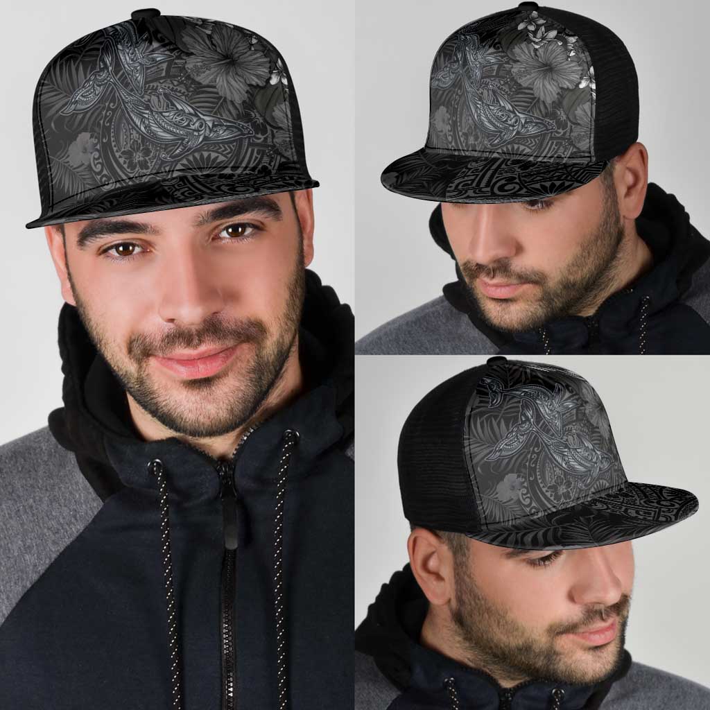 Hawaiian Tropical Plants and Tribal Whales Mesh Trucker Cap Polynesian Art Tattoo Grayscale LT03 - Polynesian Pride