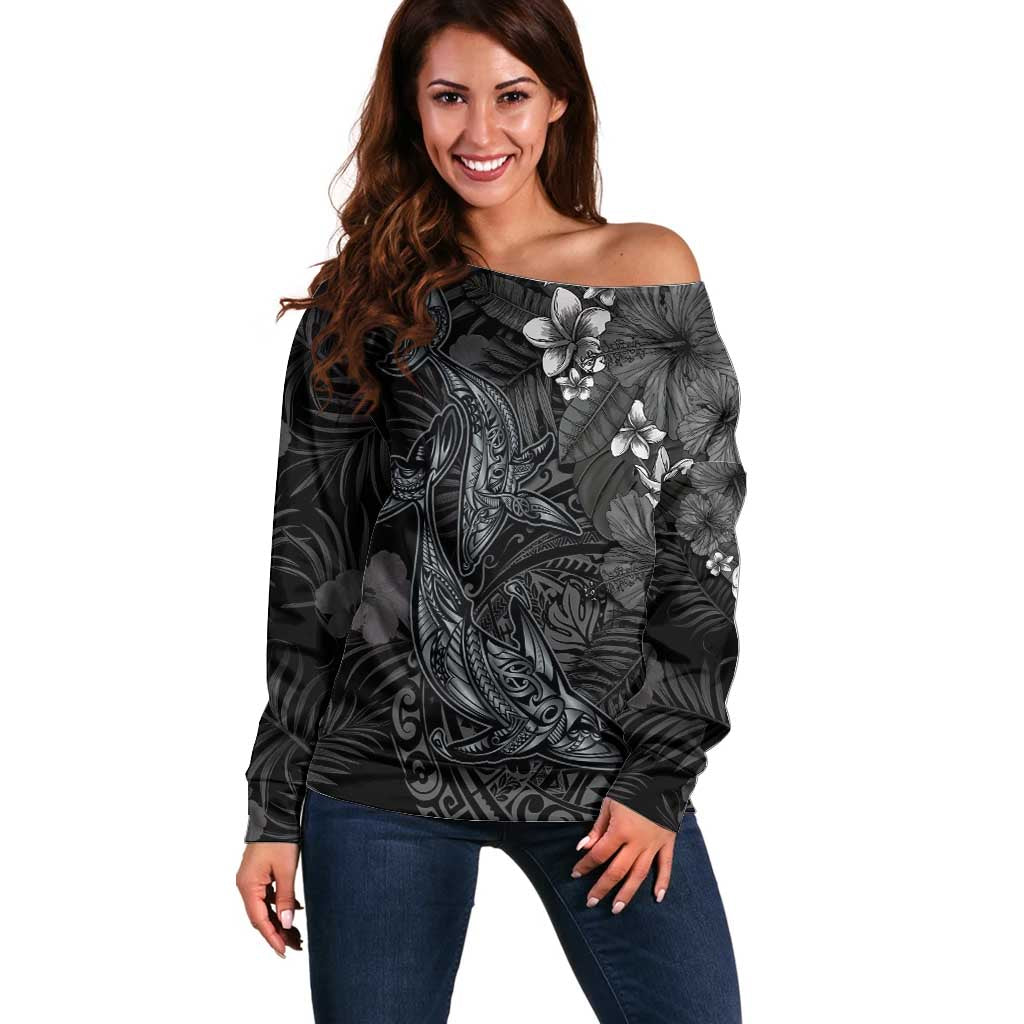Hawaiian Tropical Plants and Tribal Whales Off Shoulder Sweater Polynesian Art Tattoo Grayscale LT03 Women Black - Polynesian Pride