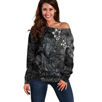 Hawaiian Tropical Plants and Tribal Whales Off Shoulder Sweater Polynesian Art Tattoo Grayscale LT03 Women Black - Polynesian Pride