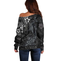 Hawaiian Tropical Plants and Tribal Whales Off Shoulder Sweater Polynesian Art Tattoo Grayscale LT03 - Polynesian Pride