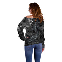 Hawaiian Tropical Plants and Tribal Whales Off Shoulder Sweater Polynesian Art Tattoo Grayscale LT03 - Polynesian Pride