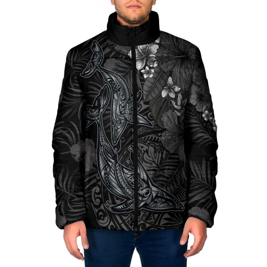 Hawaiian Tropical Plants and Tribal Whales Padded Jacket Polynesian Art Tattoo Grayscale LT03 Men Black - Polynesian Pride
