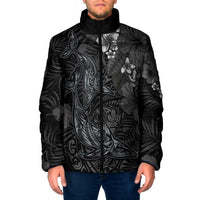 Hawaiian Tropical Plants and Tribal Whales Padded Jacket Polynesian Art Tattoo Grayscale LT03 Men Black - Polynesian Pride