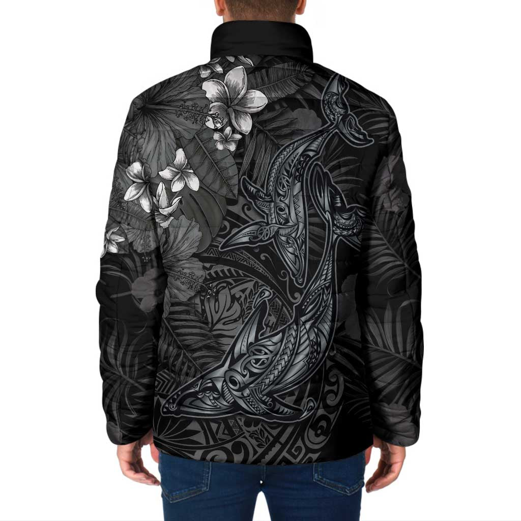 Hawaiian Tropical Plants and Tribal Whales Padded Jacket Polynesian Art Tattoo Grayscale LT03 - Polynesian Pride