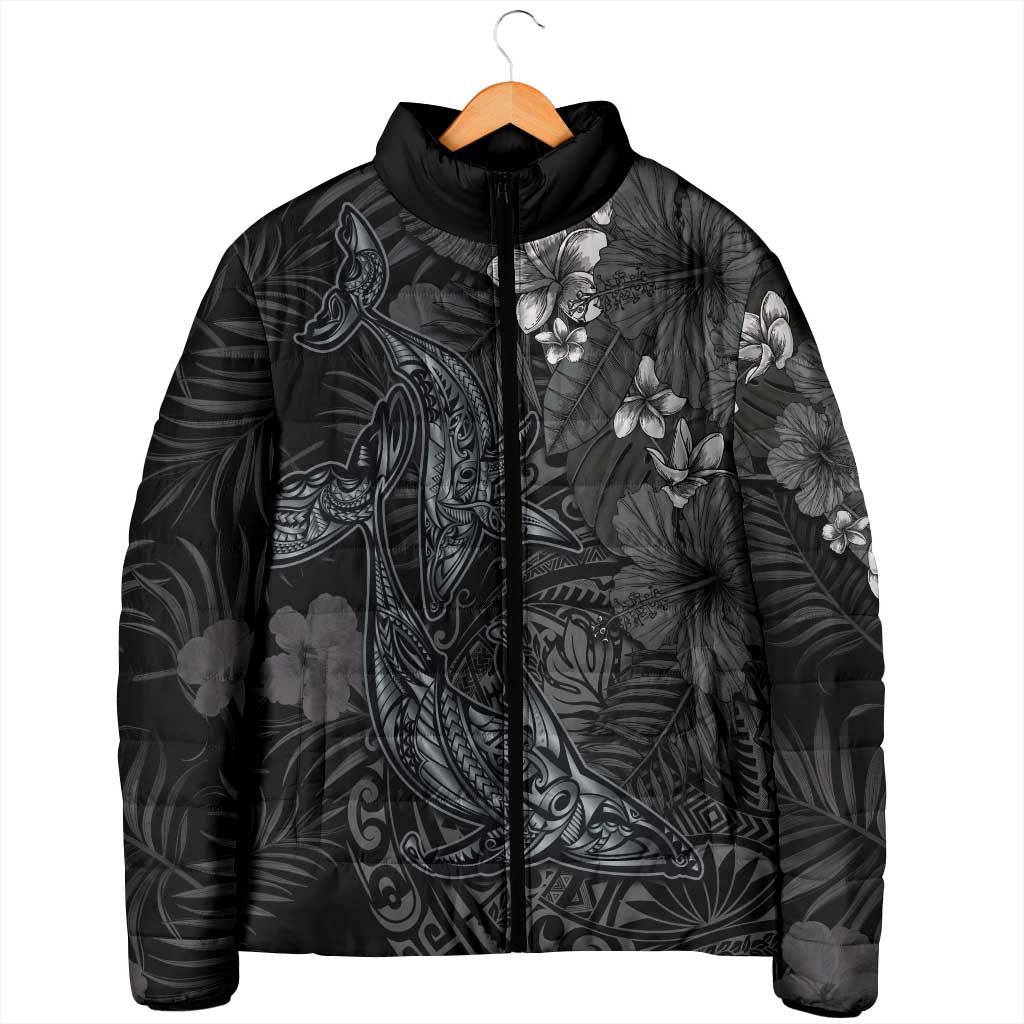 Hawaiian Tropical Plants and Tribal Whales Padded Jacket Polynesian Art Tattoo Grayscale LT03 - Polynesian Pride