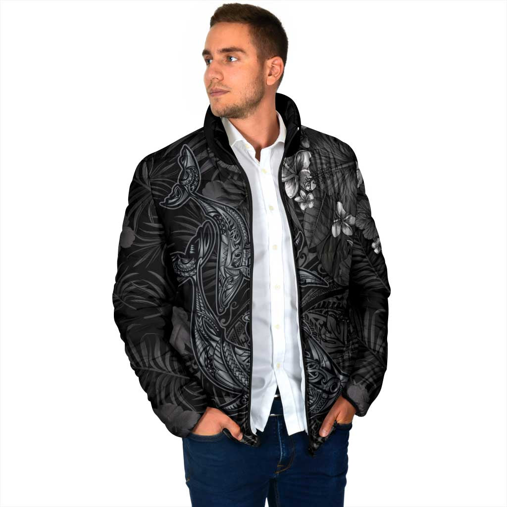 Hawaiian Tropical Plants and Tribal Whales Padded Jacket Polynesian Art Tattoo Grayscale LT03 - Polynesian Pride