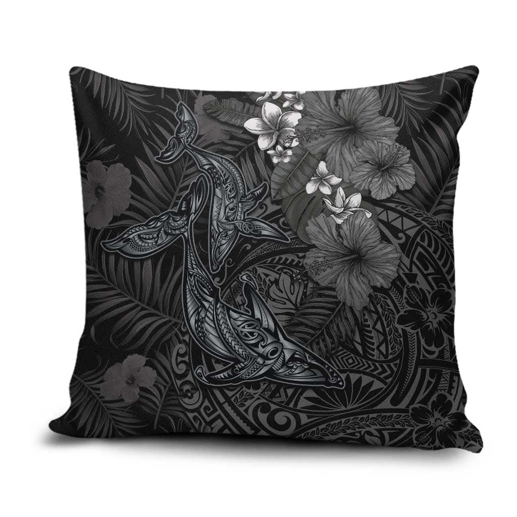 Hawaiian Tropical Plants and Tribal Whales Pillow Cover Polynesian Art Tattoo Grayscale LT03 Black - Polynesian Pride