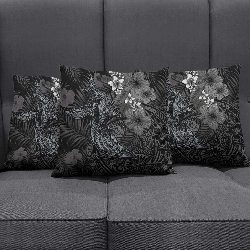 Hawaiian Tropical Plants and Tribal Whales Pillow Cover Polynesian Art Tattoo Grayscale LT03 - Polynesian Pride