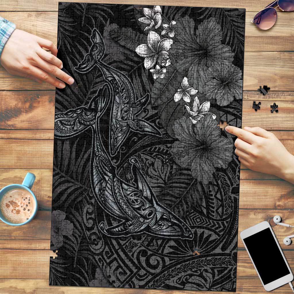 Hawaiian Tropical Plants and Tribal Whales Puzzle Polynesian Art Tattoo Grayscale LT03 Black - Polynesian Pride
