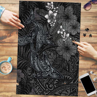 Hawaiian Tropical Plants and Tribal Whales Puzzle Polynesian Art Tattoo Grayscale LT03 Black - Polynesian Pride
