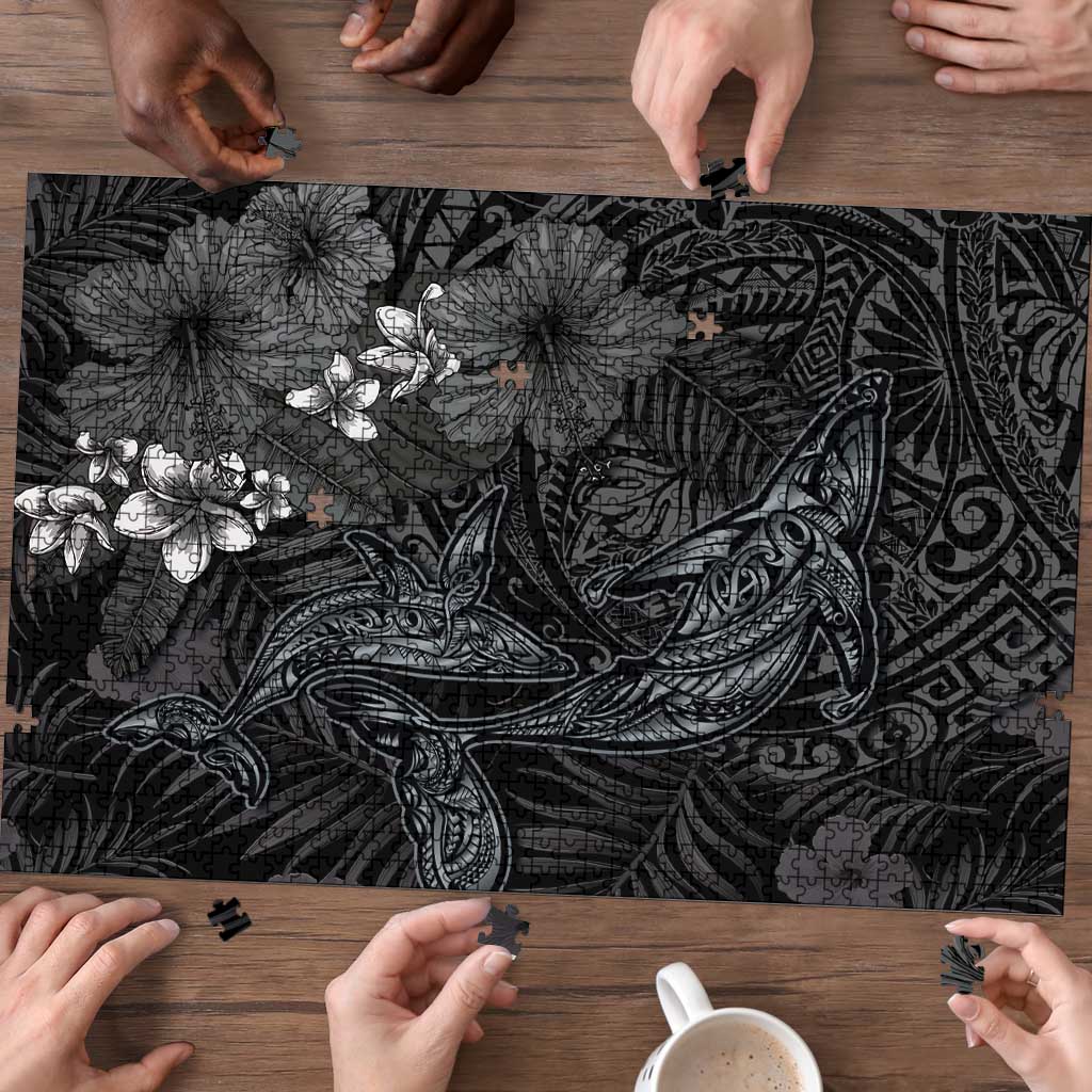 Hawaiian Tropical Plants and Tribal Whales Puzzle Polynesian Art Tattoo Grayscale LT03 - Polynesian Pride