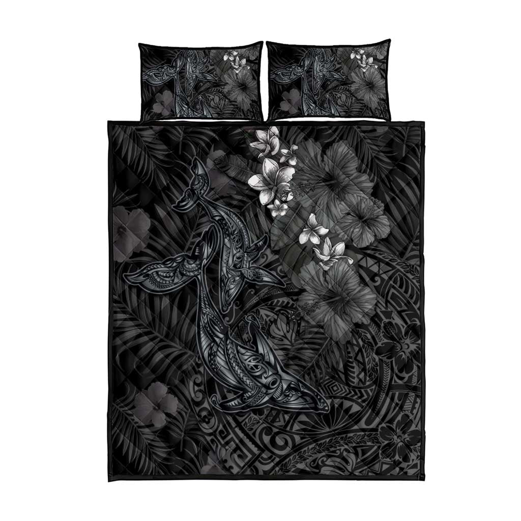 Hawaiian Tropical Plants and Tribal Whales Quilt Bed Set Polynesian Art Tattoo Grayscale LT03 - Polynesian Pride