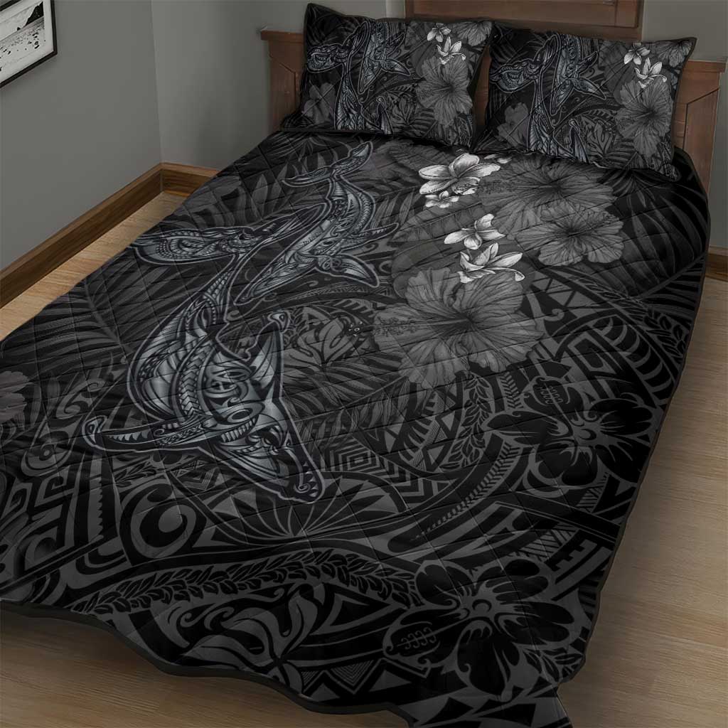Hawaiian Tropical Plants and Tribal Whales Quilt Bed Set Polynesian Art Tattoo Grayscale LT03 - Polynesian Pride