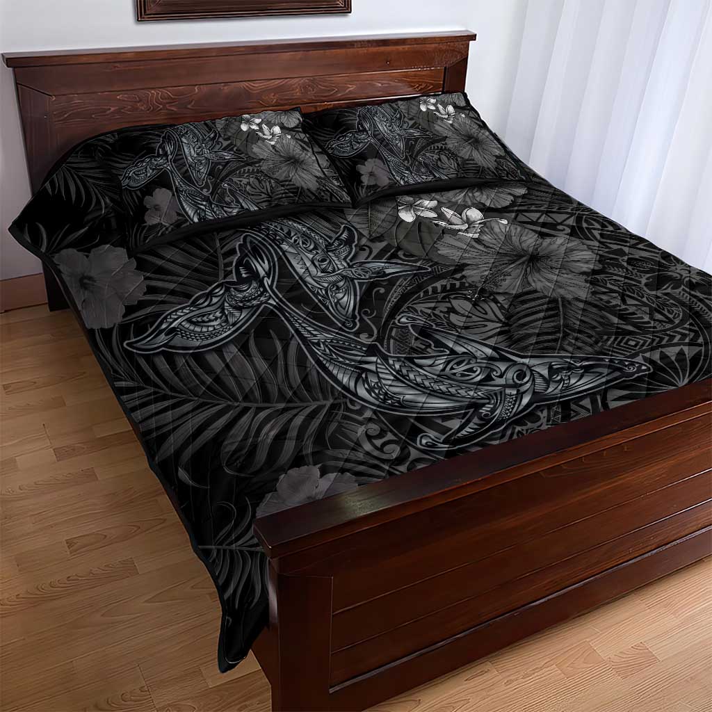 Hawaiian Tropical Plants and Tribal Whales Quilt Bed Set Polynesian Art Tattoo Grayscale LT03 - Polynesian Pride