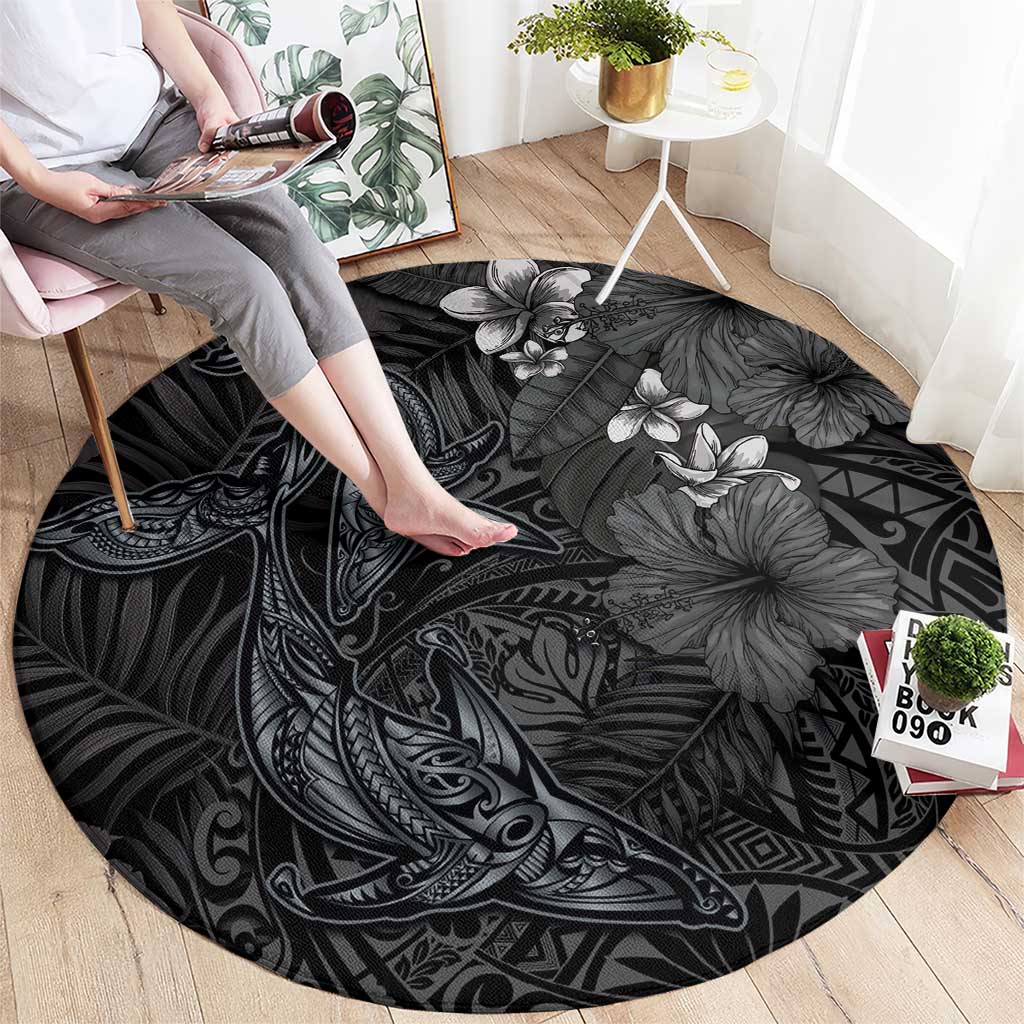 Hawaiian Tropical Plants and Tribal Whales Round Carpet Polynesian Art Tattoo Grayscale LT03 - Polynesian Pride