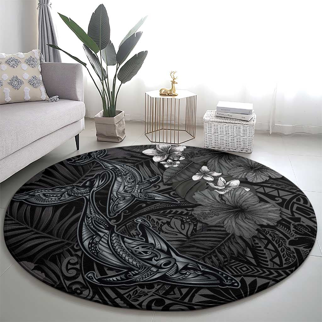 Hawaiian Tropical Plants and Tribal Whales Round Carpet Polynesian Art Tattoo Grayscale LT03 - Polynesian Pride