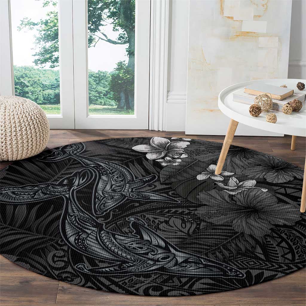 Hawaiian Tropical Plants and Tribal Whales Round Carpet Polynesian Art Tattoo Grayscale LT03 - Polynesian Pride