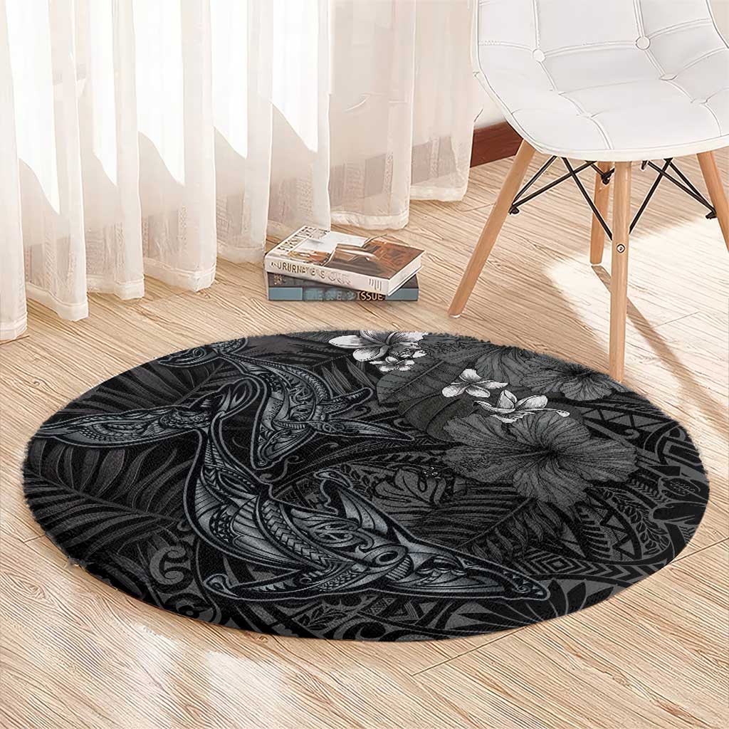 Hawaiian Tropical Plants and Tribal Whales Round Carpet Polynesian Art Tattoo Grayscale LT03 - Polynesian Pride
