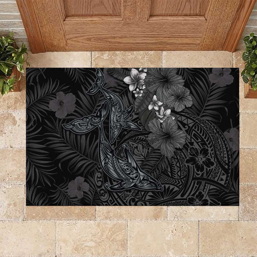Hawaiian Tropical Plants and Tribal Whales Rubber Doormat Polynesian Art Tattoo Grayscale LT03 Black - Polynesian Pride