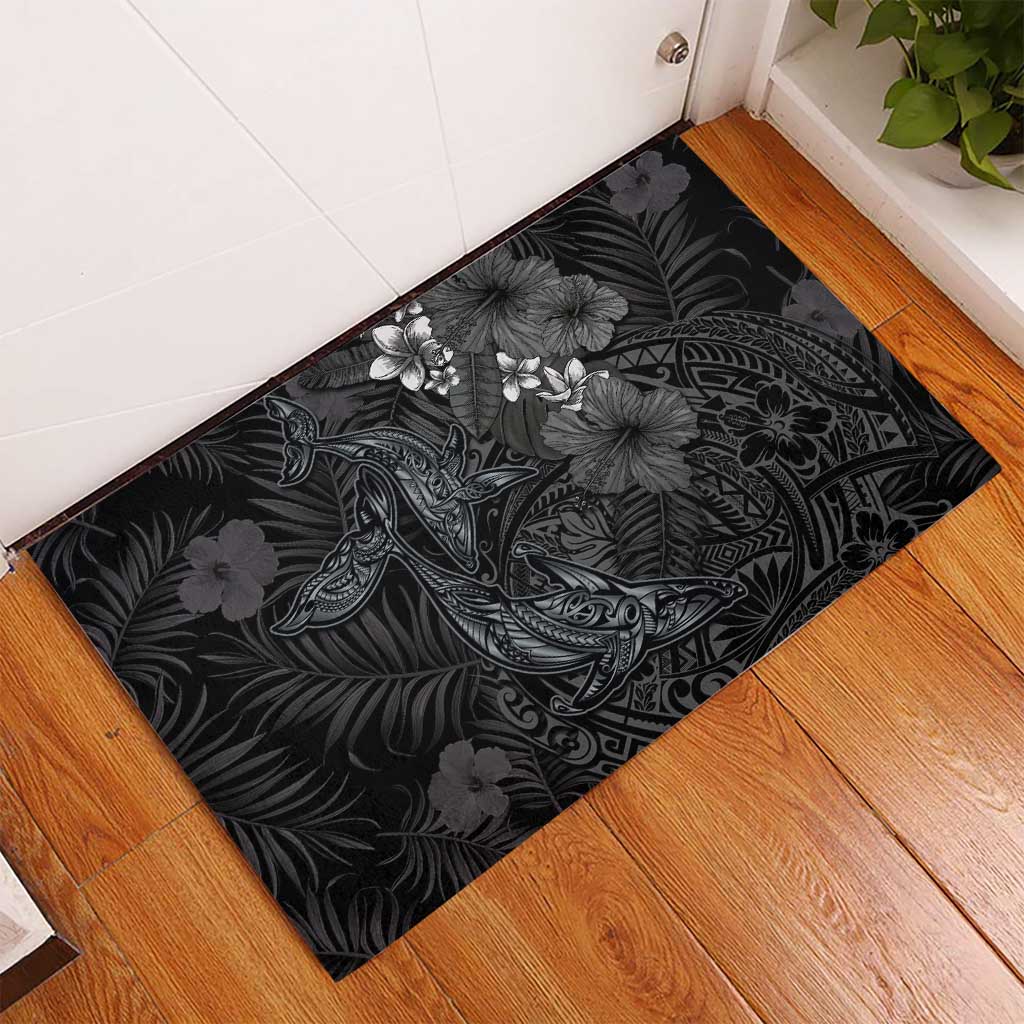 Hawaiian Tropical Plants and Tribal Whales Rubber Doormat Polynesian Art Tattoo Grayscale LT03 - Polynesian Pride
