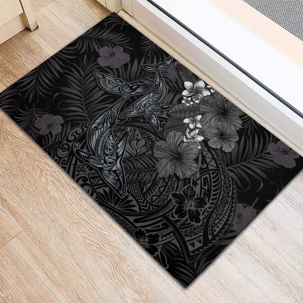 Hawaiian Tropical Plants and Tribal Whales Rubber Doormat Polynesian Art Tattoo Grayscale LT03 - Polynesian Pride