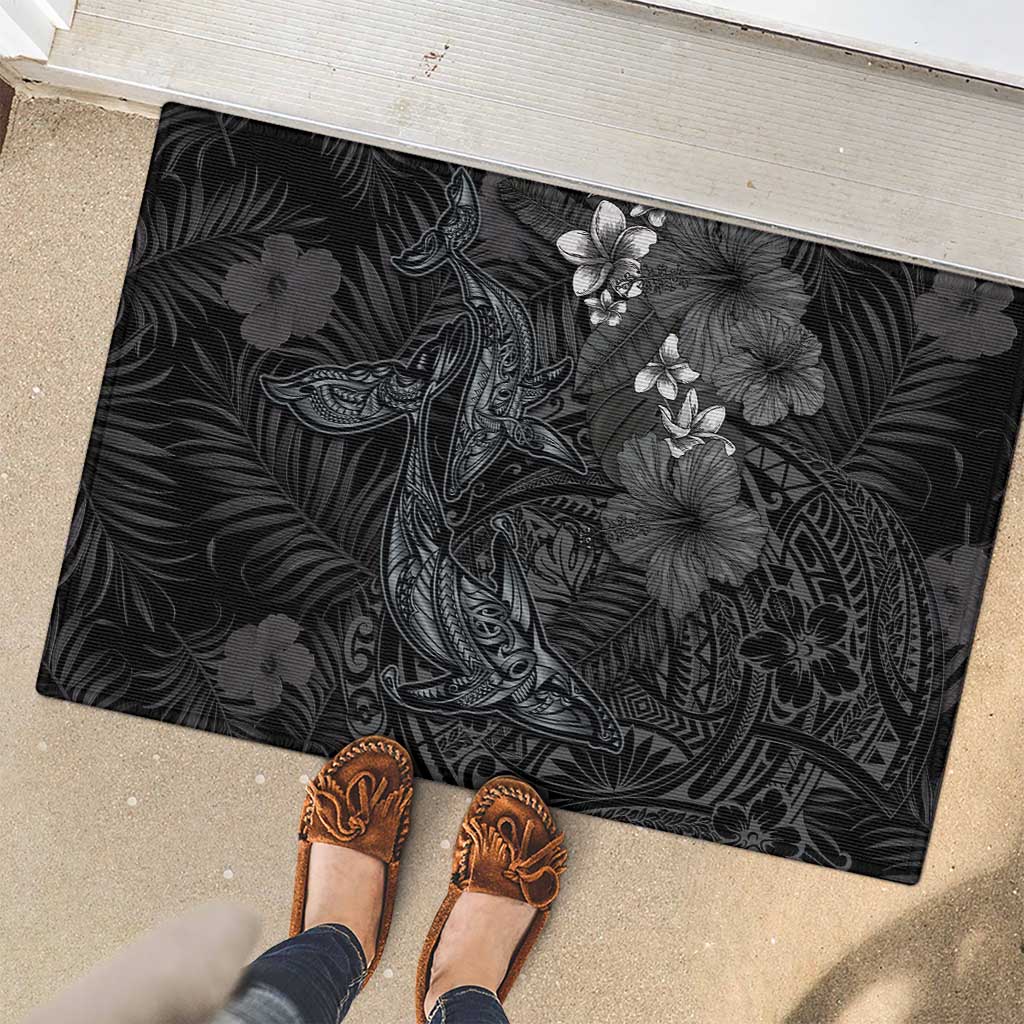 Hawaiian Tropical Plants and Tribal Whales Rubber Doormat Polynesian Art Tattoo Grayscale LT03 - Polynesian Pride