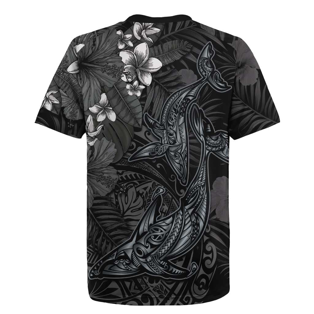 Hawaiian Tropical Plants and Tribal Whales Rugby Jersey Polynesian Art Tattoo Grayscale LT03 - Polynesian Pride