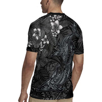Hawaiian Tropical Plants and Tribal Whales Rugby Jersey Polynesian Art Tattoo Grayscale LT03 - Polynesian Pride