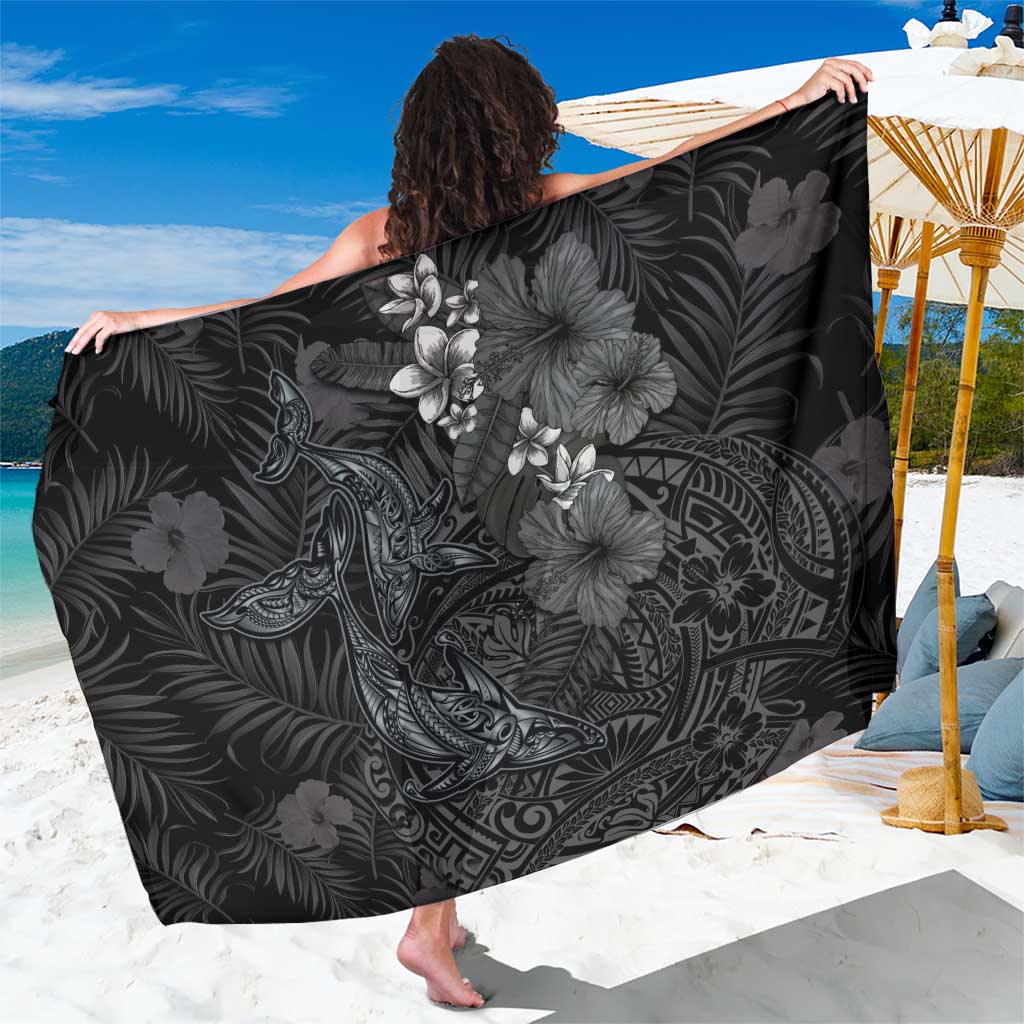Hawaiian Tropical Plants and Tribal Whales Sarong Polynesian Art Tattoo Grayscale