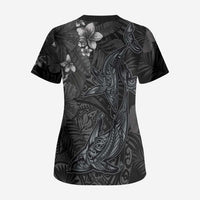 Hawaiian Tropical Plants and Tribal Whales Scrub Top Polynesian Art Tattoo Grayscale