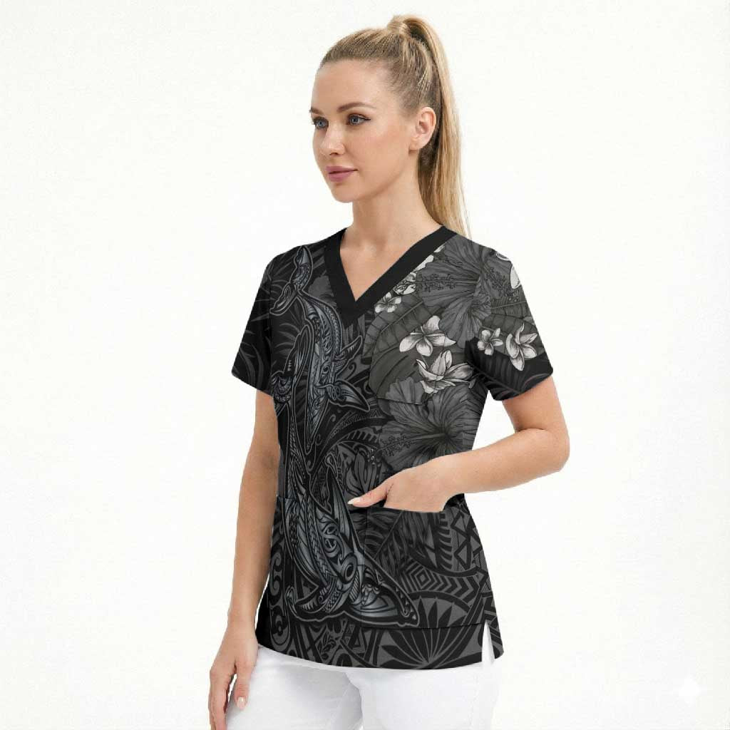 Hawaiian Tropical Plants and Tribal Whales Scrub Top Polynesian Art Tattoo Grayscale