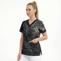 Hawaiian Tropical Plants and Tribal Whales Scrub Top Polynesian Art Tattoo Grayscale